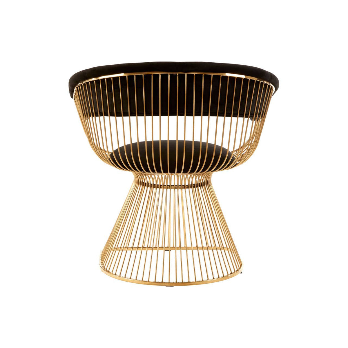A stylish chair featuring a black velvet seat with a rounded backrest and a gold finish base, designed with a modern aesthetic. The base has a unique hourglass shape with vertical wire detailing, adding elegance to the overall look