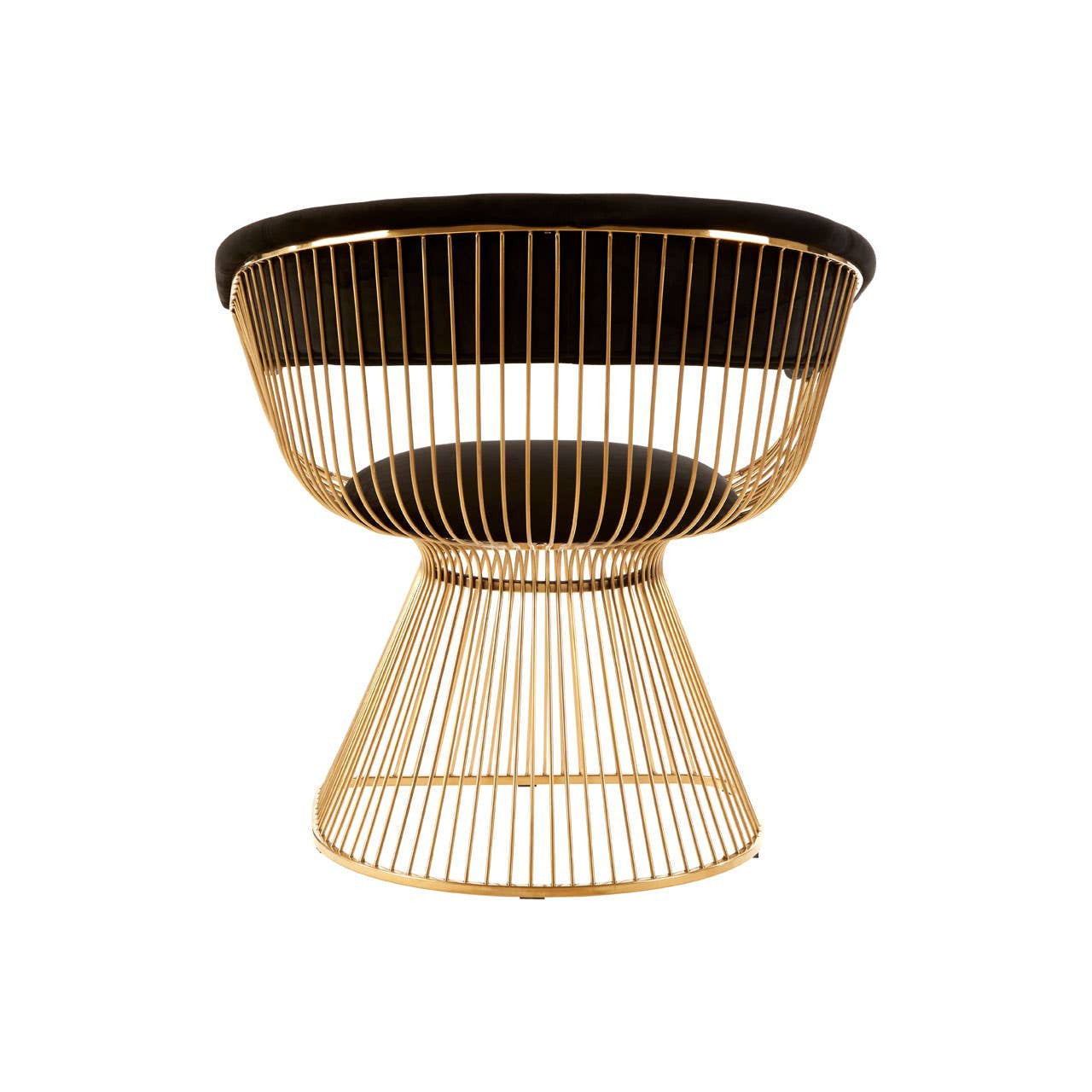 A stylish chair featuring a black velvet seat with a rounded backrest and a gold finish base, designed with a modern aesthetic. The base has a unique hourglass shape with vertical wire detailing, adding elegance to the overall look