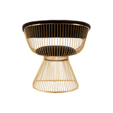 A stylish chair featuring a black velvet seat with a rounded backrest and a gold finish base, designed with a modern aesthetic. The base has a unique hourglass shape with vertical wire detailing, adding elegance to the overall look