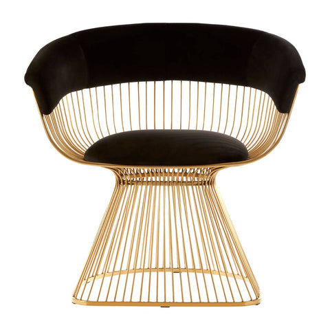 A stylish chair featuring a black velvet seat with a curved backrest, supported by a gold finish wire base that tapers downwards. The design combines modern elegance with a unique shape, suitable for contemporary home decor