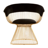 A stylish chair featuring a black velvet seat with a curved backrest, supported by a gold finish wire base that tapers downwards. The design combines modern elegance with a unique shape, suitable for contemporary home decor