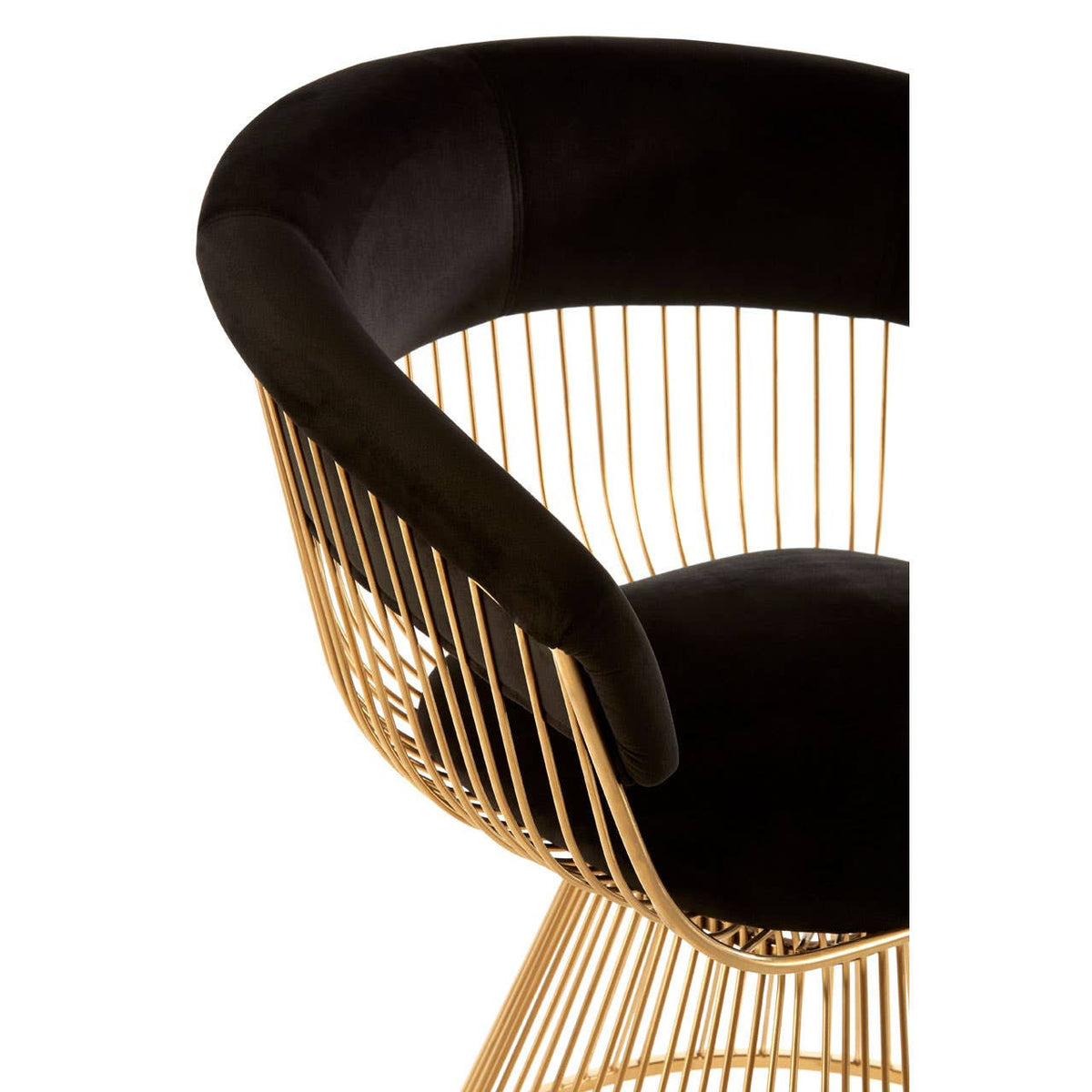 A stylish chair featuring a curved black velvet seat and a gold finish metal base with vertical wire detailing, showcasing a modern and elegant design