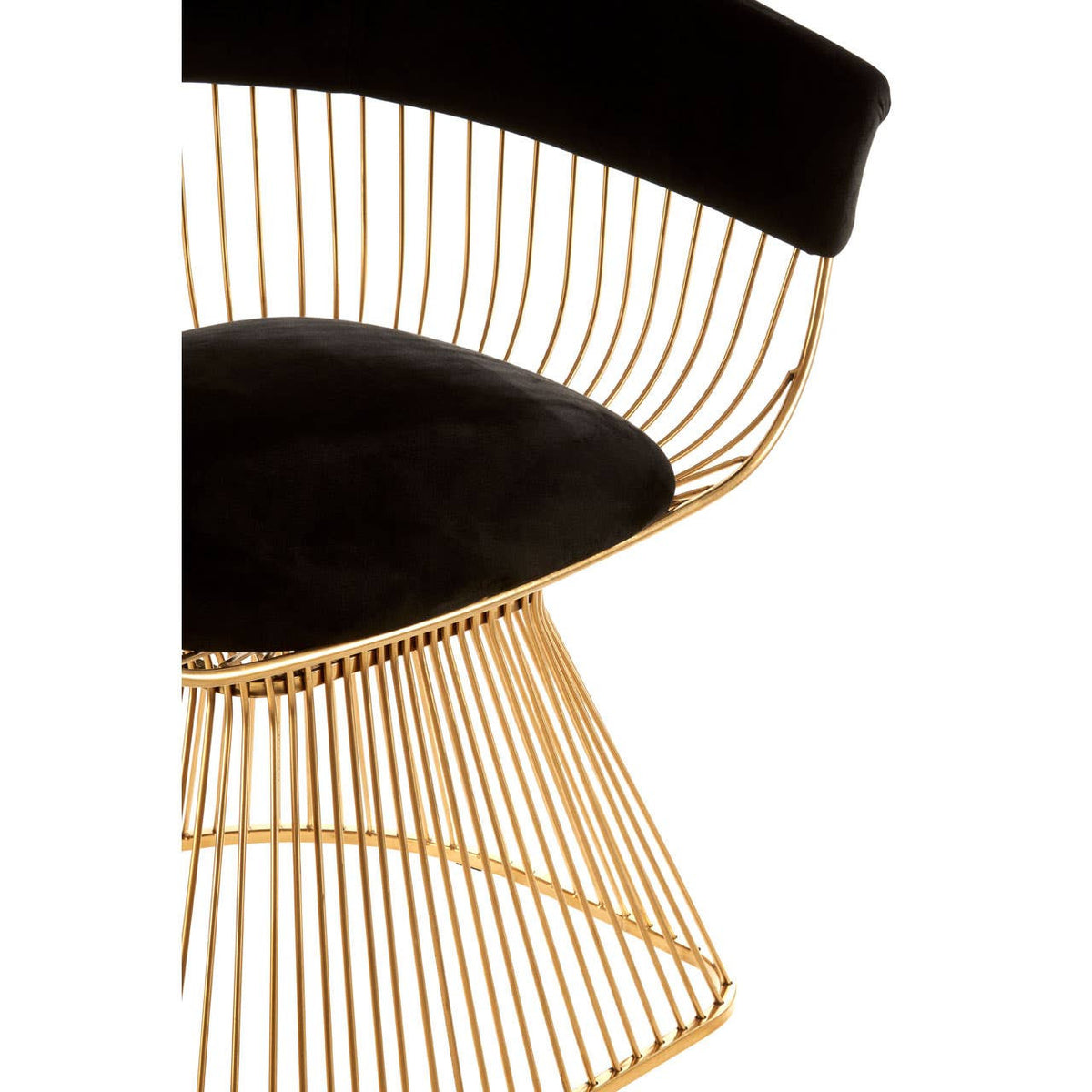A stylish chair featuring a black velvet seat and a gold finish metal base with a unique wire design, showcasing a modern and elegant aesthetic