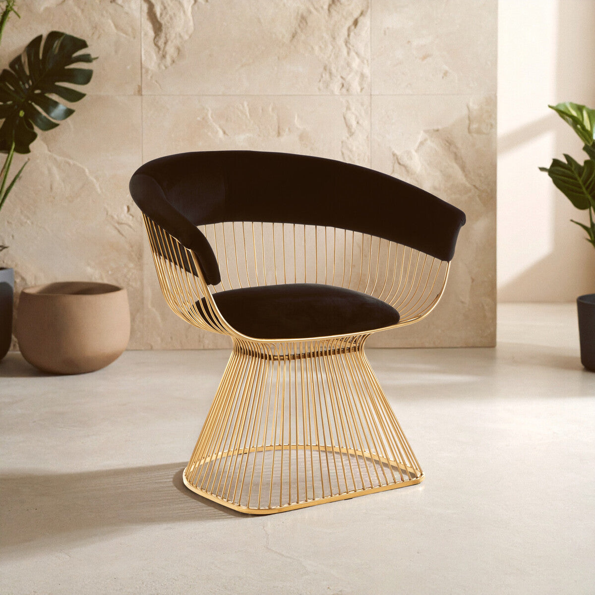 A stylish chair featuring a black velvet seat and backrest, supported by a sleek gold wire frame. The chair has a modern, curved design and is positioned on a light-colored floor with a textured wall in the background, complemented by green plants and decorative pots
