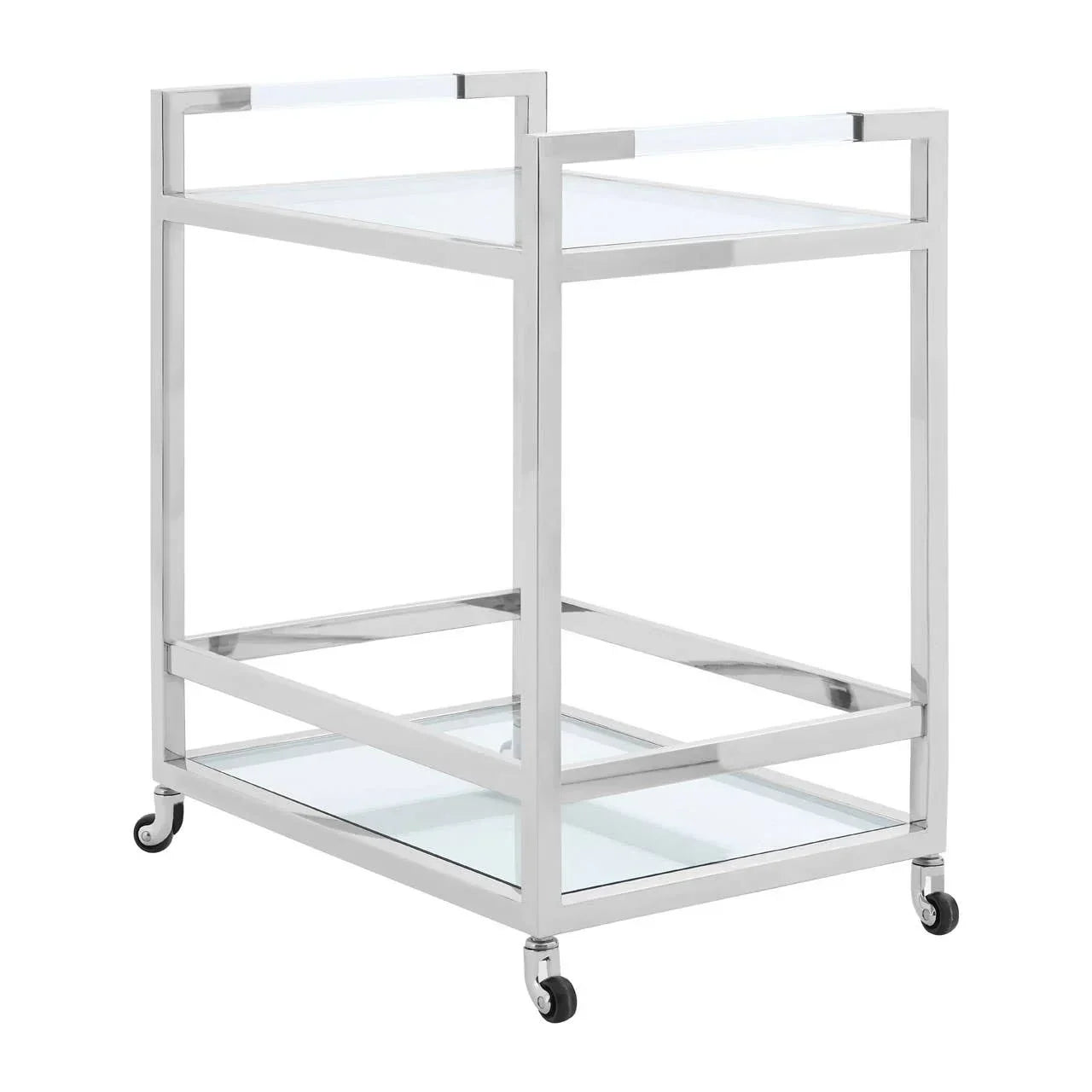 Chrome and glass bar cart with two shelves and caster wheels