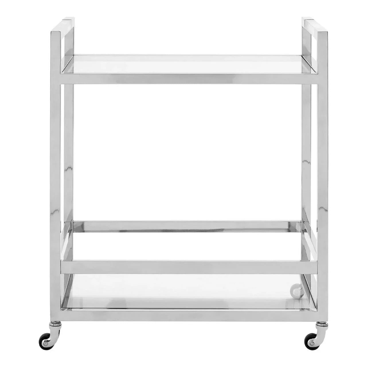 Chrome metal bar cart with two glass shelves and caster wheels, front view