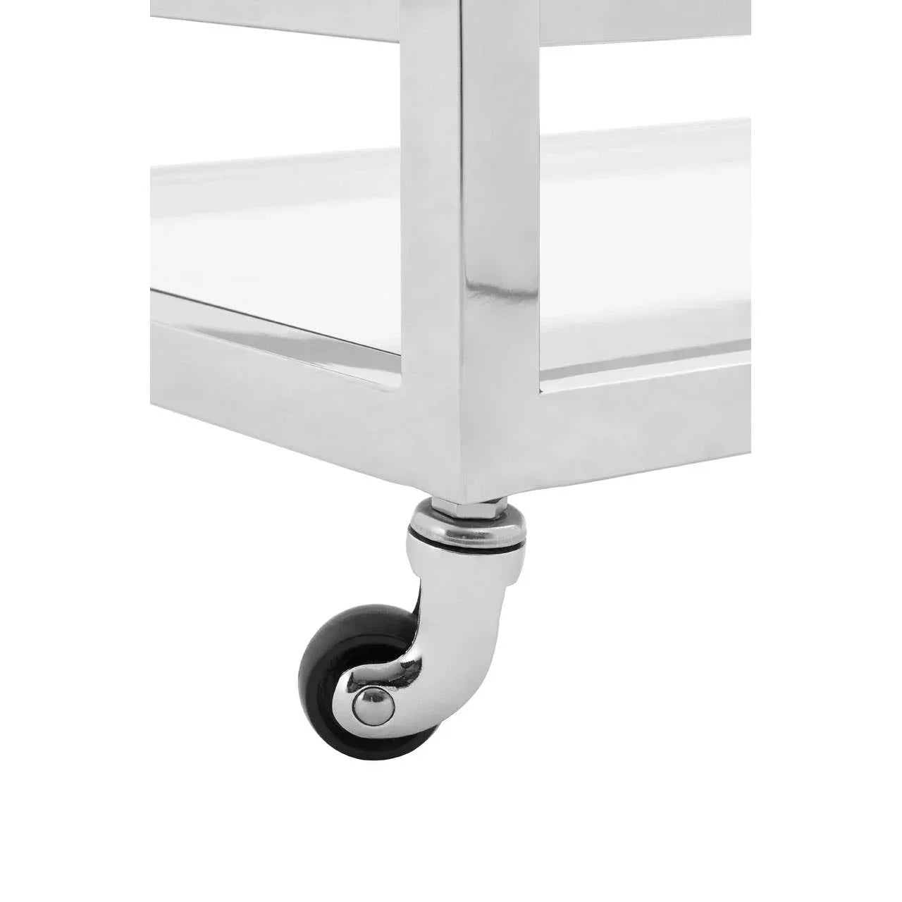 chrome bar cart corner showing caster wheel and mirrored shelf detail