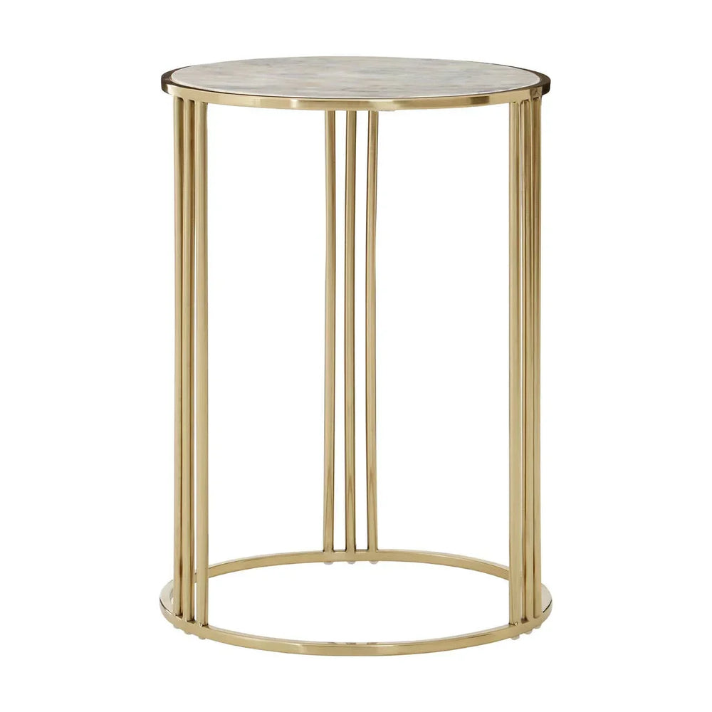 Round marble top side table with gold metal frame on white background