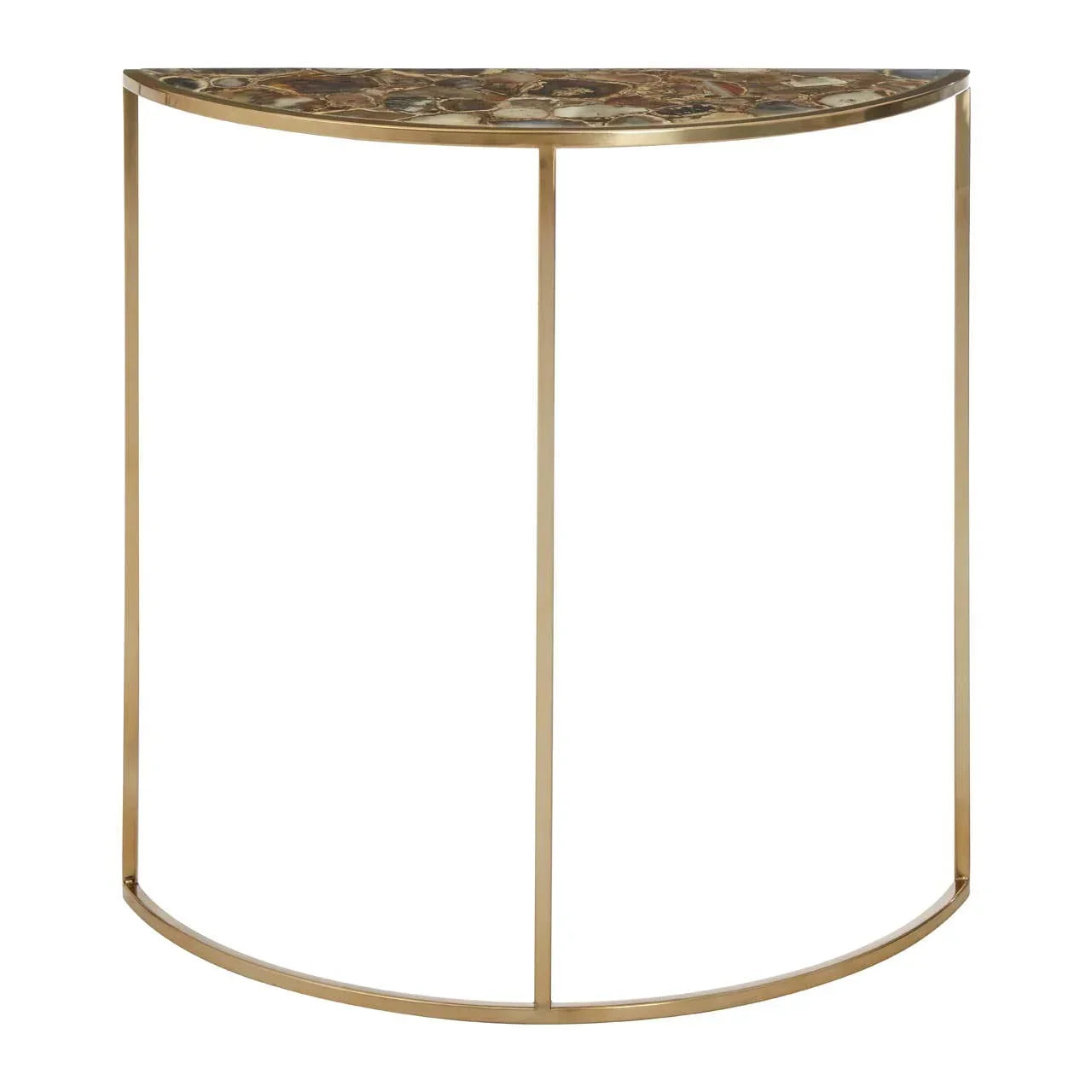 Gold metal console table with brown marble top and slim frame, half-moon shape