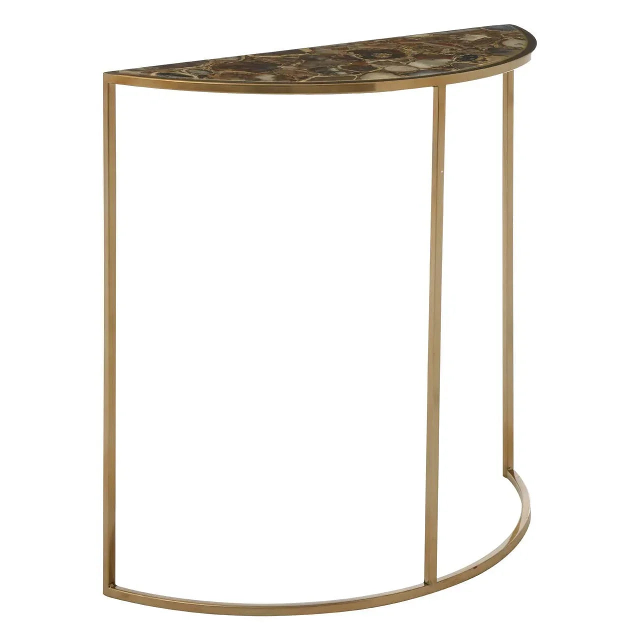 Half moon console table with stone effect top and gold metal frame