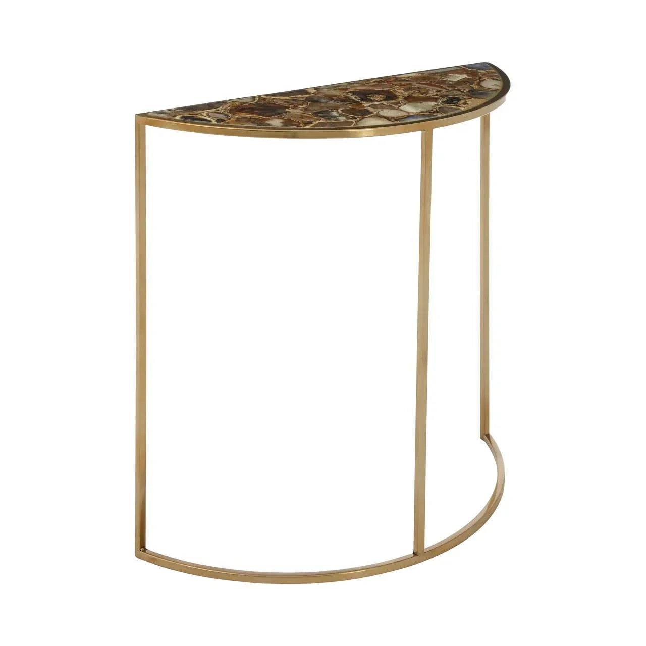 Half moon console table with gold metal frame and brown stone top, side view