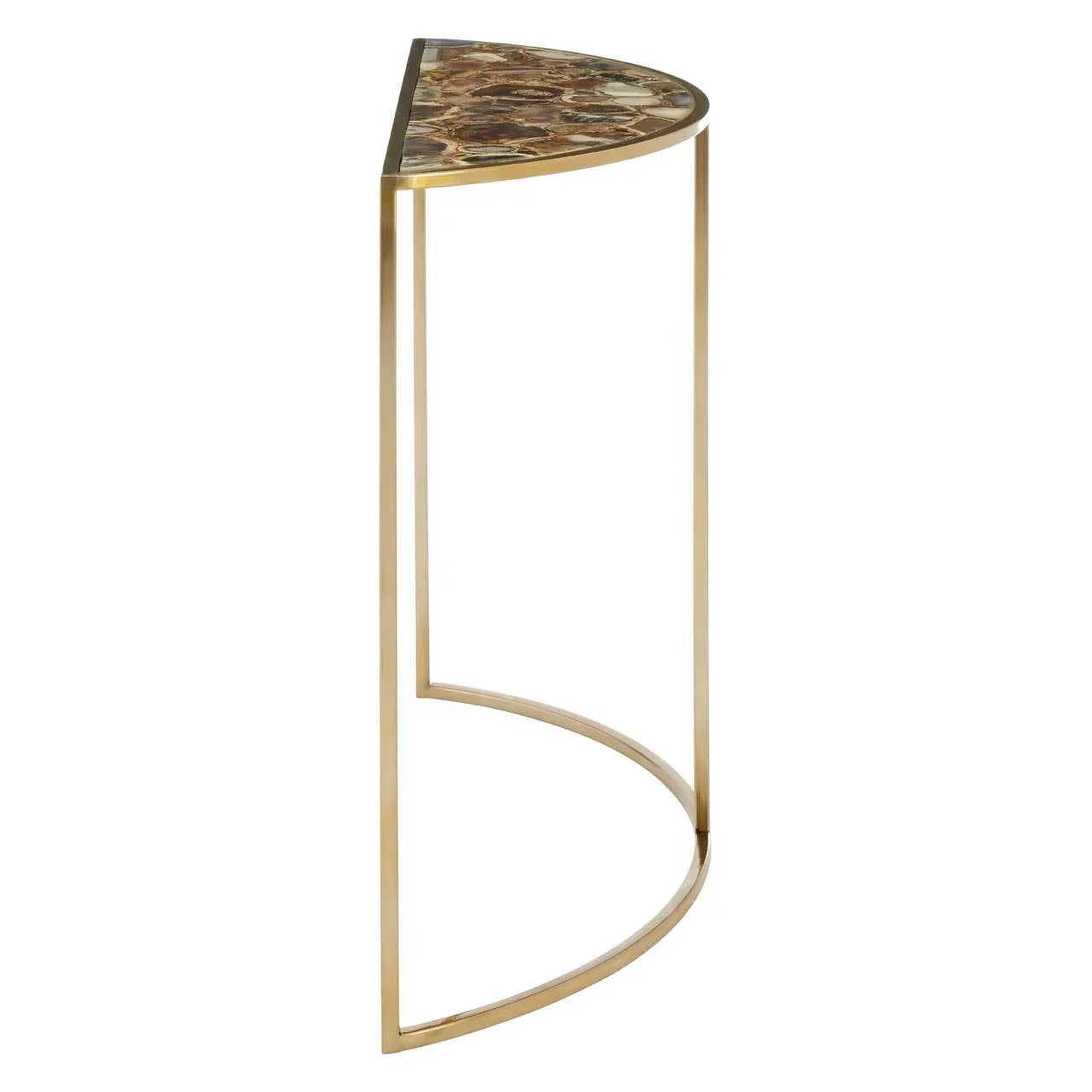 Side view of half moon console table with gold frame and brown marble effect top