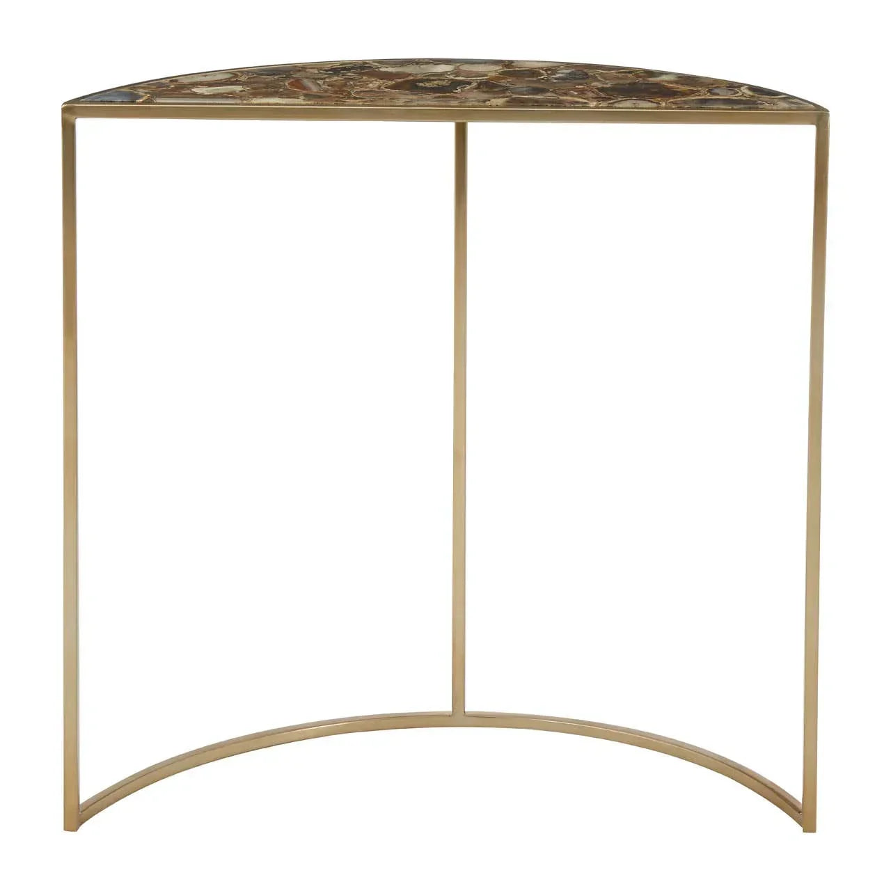 Semi-circular console table with stone top and slim gold metal frame
