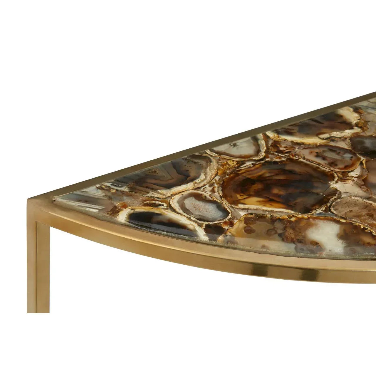 Gold metal side table with polished agate stone top, close-up on corner detail