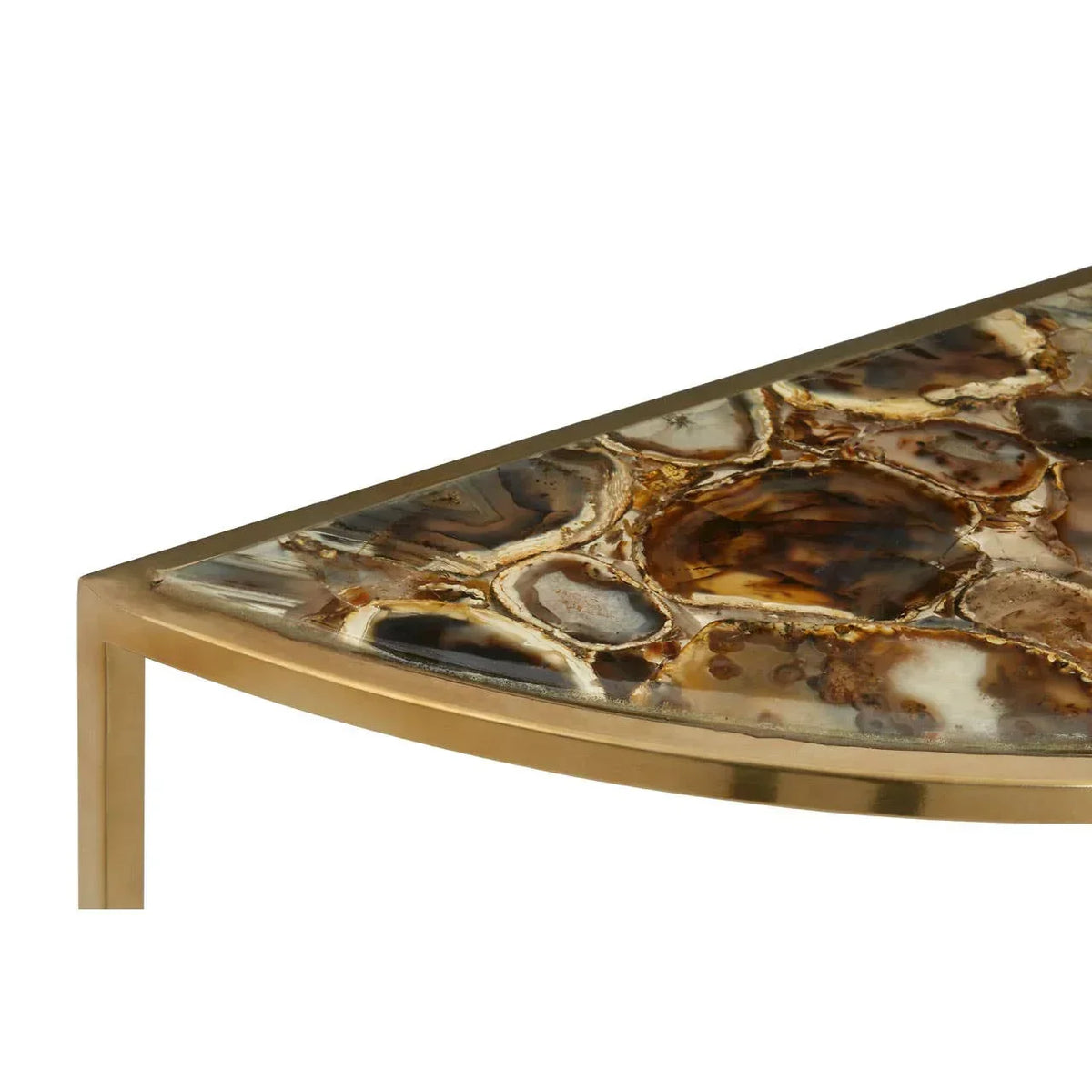 Gold metal side table with polished agate stone top, close-up on corner detail