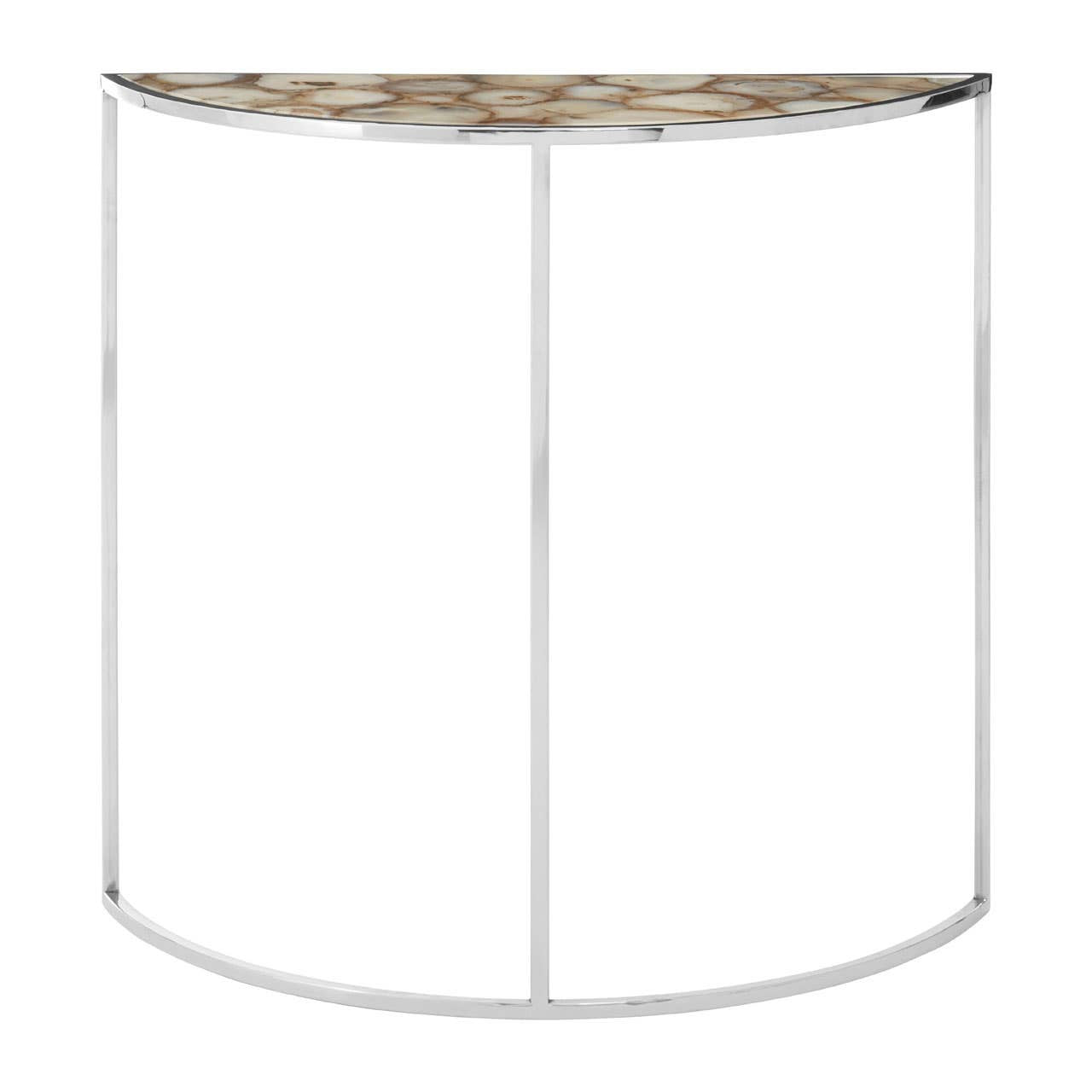 Half moon console table featuring a sleek white base and a stunning white agate top with natural patterns, designed to fit snugly against a wall