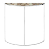 Half moon console table featuring a sleek white base and a stunning white agate top with natural patterns, designed to fit snugly against a wall