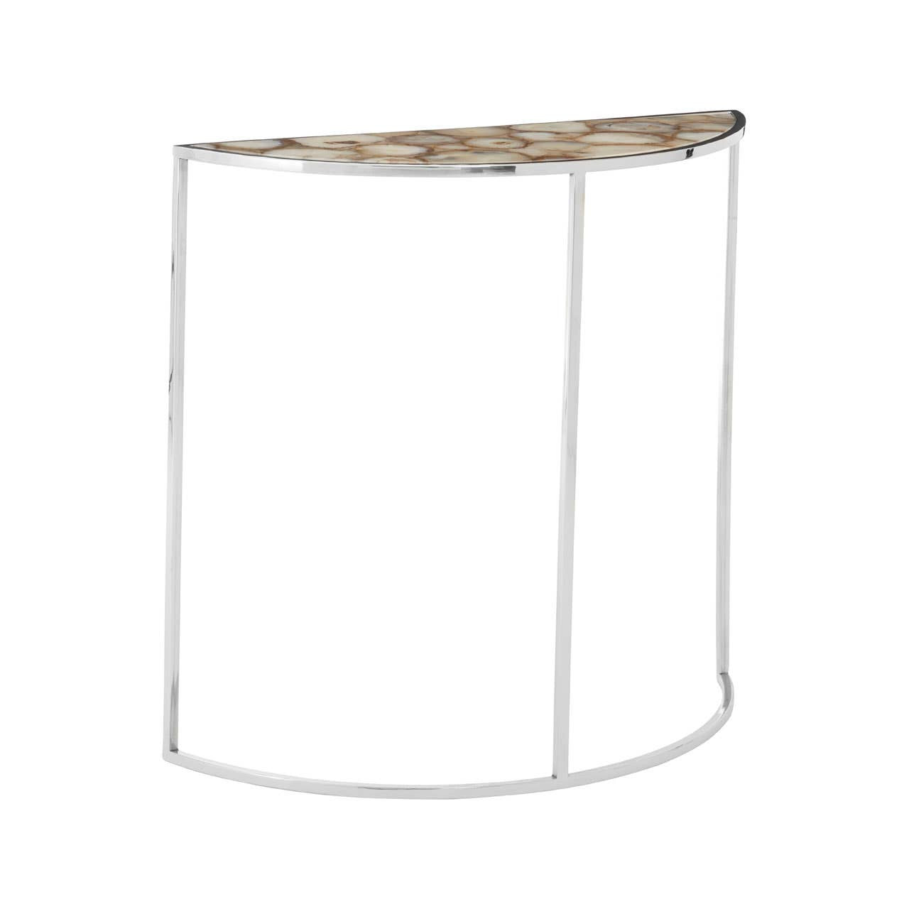 Half moon console table featuring a white agate top with natural patterns, supported by a sleek, minimalist white metal frame. The table has a curved back, making it suitable for placement against a wall or in an entryway