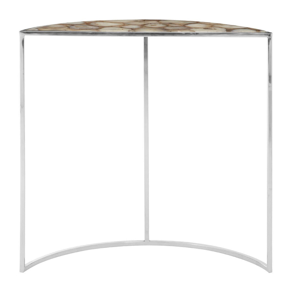 Half moon console table featuring a white agate top with natural patterns and a sleek metal frame. The design is modern and minimalist, with a curved front and two vertical supports. The table is suitable for entryways or living spaces, adding a touch of elegance