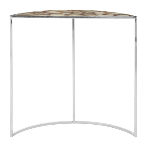 Half moon console table featuring a white agate top with natural patterns and a sleek metal frame. The design is modern and minimalist, with a curved front and two vertical supports. The table is suitable for entryways or living spaces, adding a touch of elegance