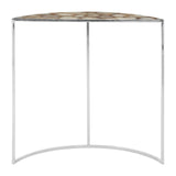 Half moon console table featuring a white agate top with natural patterns and a sleek metal frame. The design is modern and minimalist, with a curved front and two vertical supports. The table is suitable for entryways or living spaces, adding a touch of elegance