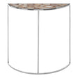 Half moon console table featuring a white agate top with natural patterns and a sleek, modern design. The base is made of thin, polished metal legs that provide stability while maintaining an airy appearance. The table's curved shape allows it to fit snugly against a wall or in a corner, making it a stylish addition to any room