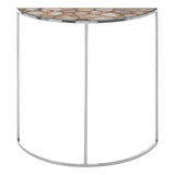 Half moon console table featuring a white agate top with natural patterns and a sleek, modern design. The base is made of thin, polished metal legs that provide stability while maintaining an airy appearance. The table's curved shape allows it to fit snugly against a wall or in a corner, making it a stylish addition to any room