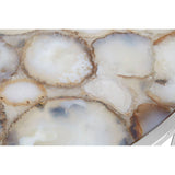 Close-up view of the white agate top of the Vita Half Moon Console Table, showcasing natural patterns and textures with circular formations and earthy tones. The surface has a glossy finish that highlights the unique variations in the agate