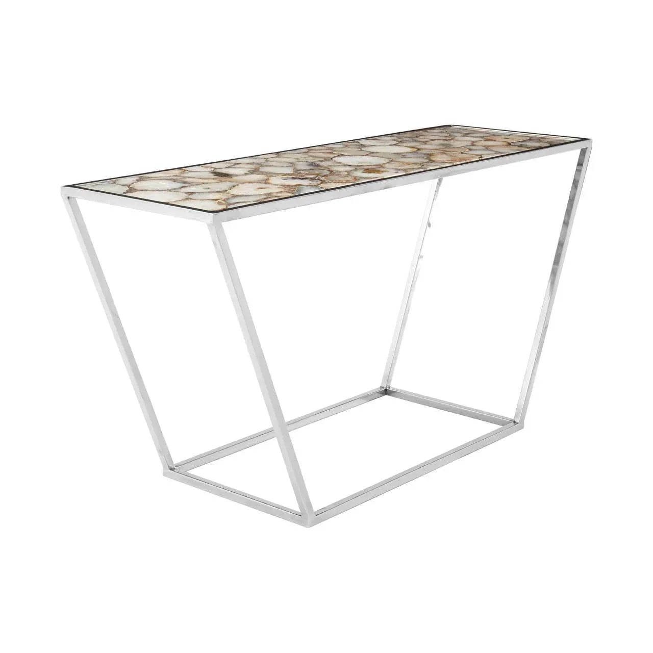 Modern console table with chrome frame and agate stone top on white background