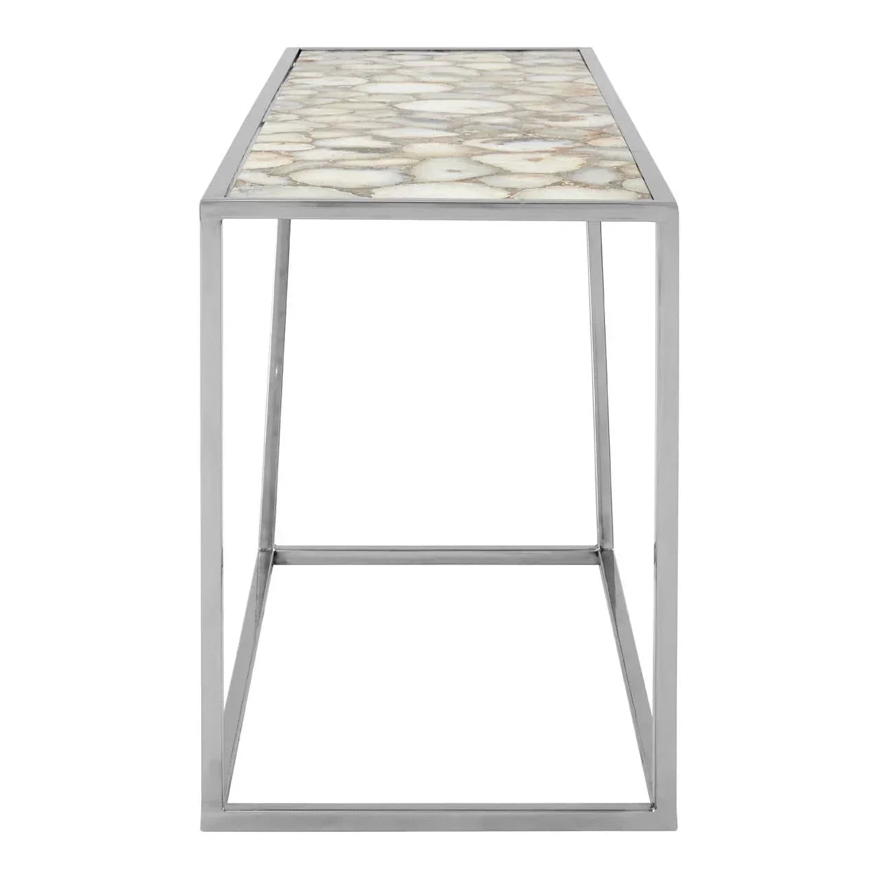 Marble top console table with stainless steel frame shown from the side
