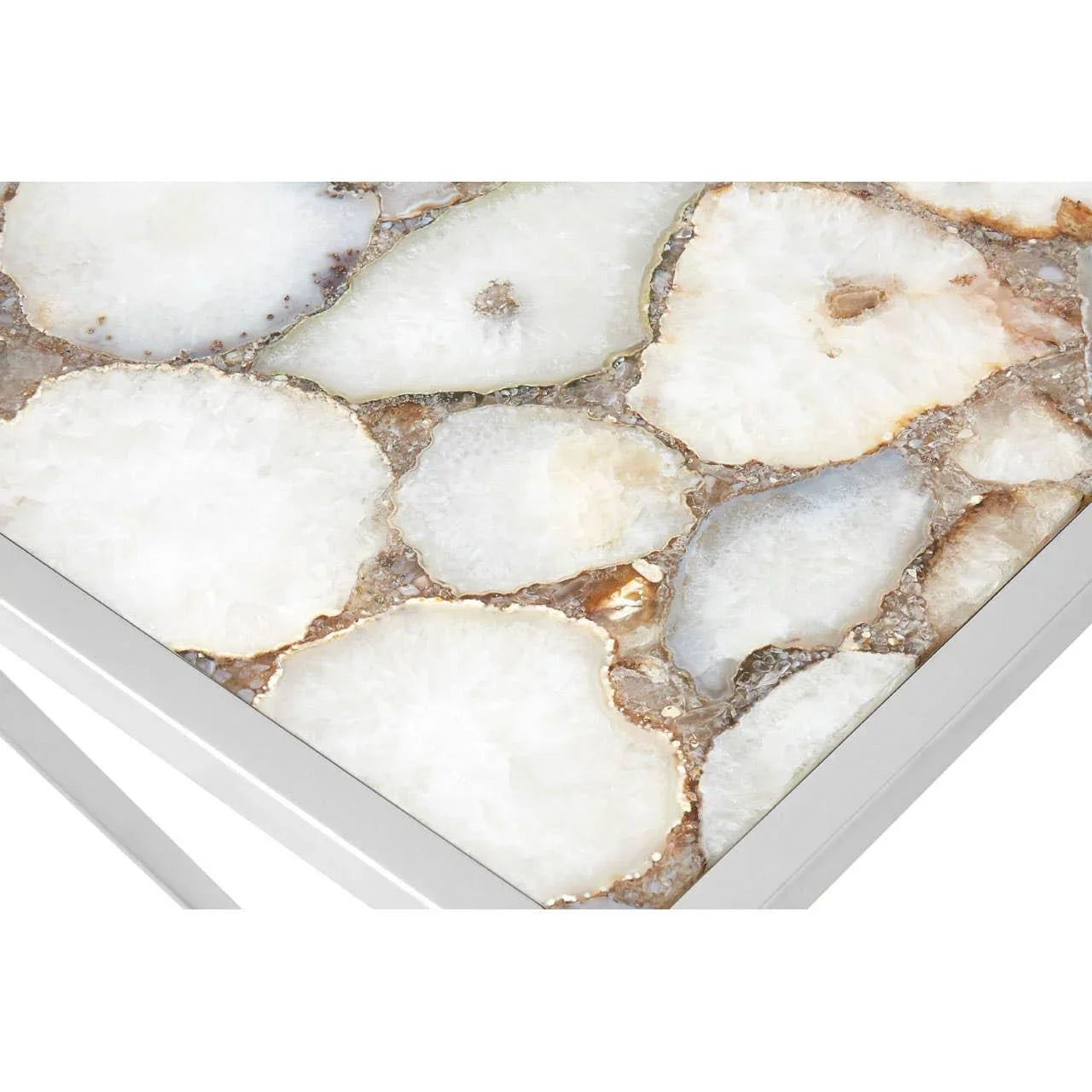 White agate stone coffee table top with silver metal frame, close-up corner view