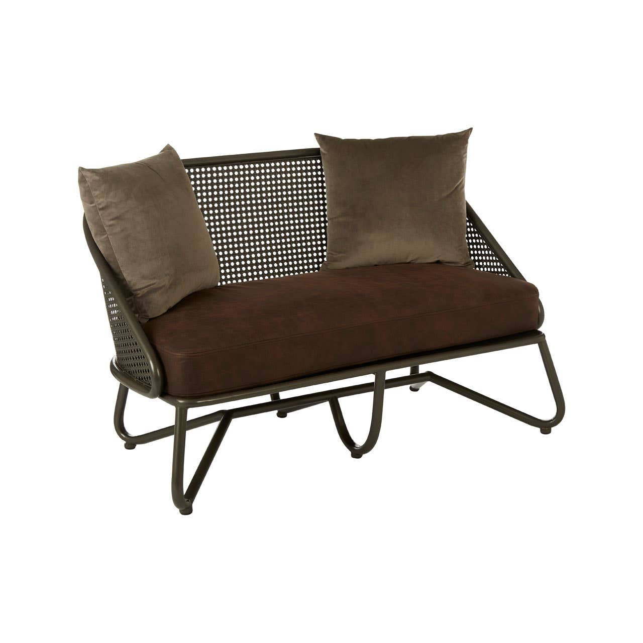 A two-seat sofa featuring a woven backrest and curved metal legs, upholstered in a rich brown fabric with two matching decorative pillows. The overall design combines modern aesthetics with a cozy feel, suitable for various interior styles