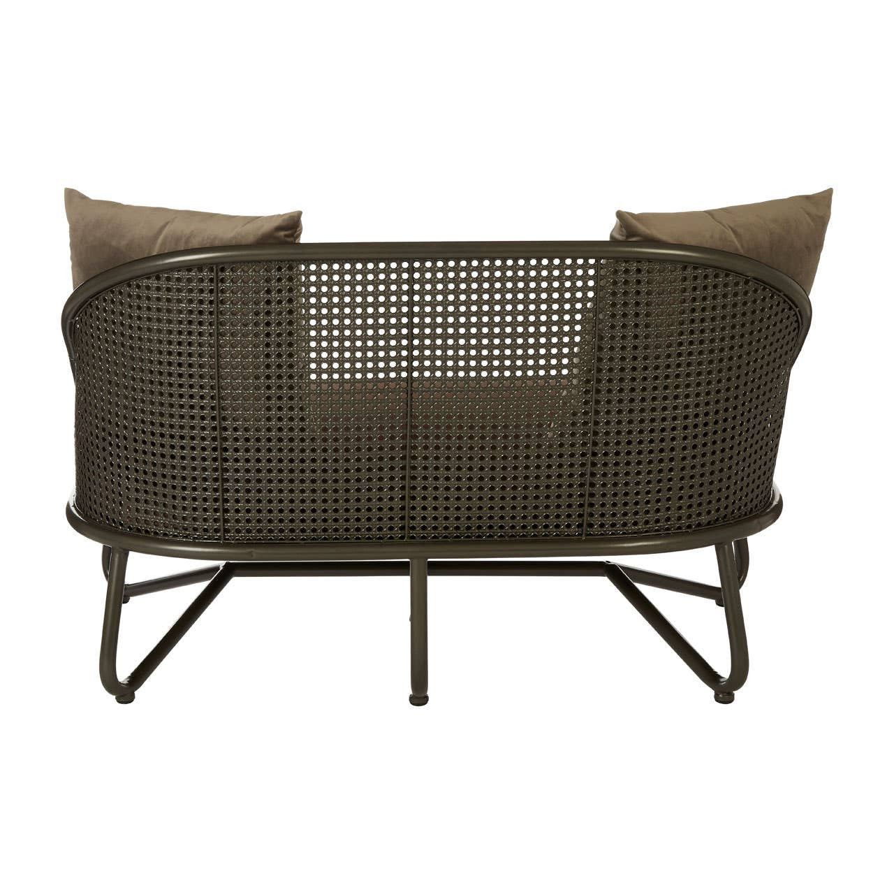 Two-seat sofa featuring a sleek design with curved legs and two plush back cushions. The sofa has a modern, minimalist aesthetic with a neutral color palette, suitable for various interior styles