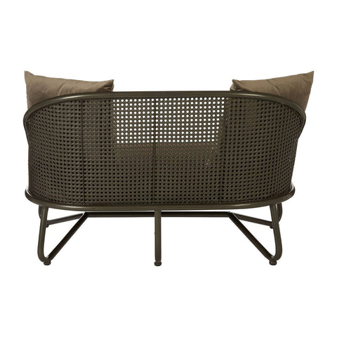Two-seat sofa featuring a sleek design with curved legs and two plush back cushions. The sofa has a modern, minimalist aesthetic with a neutral color palette, suitable for various interior styles