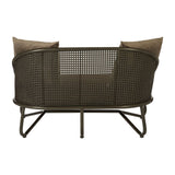 Two-seat sofa featuring a sleek design with curved legs and two plush back cushions. The sofa has a modern, minimalist aesthetic with a neutral color palette, suitable for various interior styles