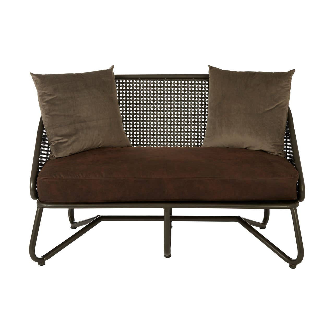 Two-seat sofa featuring a sleek design with curved metal legs, a brown upholstered seat, and two matching cushions. The backrest has a mesh panel, adding a modern touch to the overall aesthetic