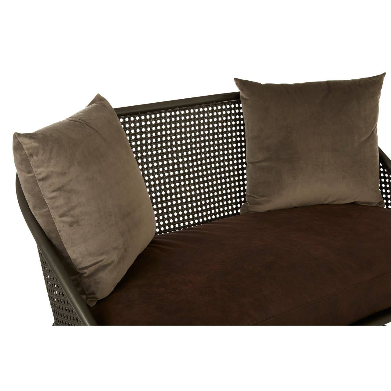 Two-seat sofa featuring a curved leg design, upholstered in a rich brown fabric with two matching decorative pillows. The sofa has a modern aesthetic with a sleek silhouette and a comfortable seating area