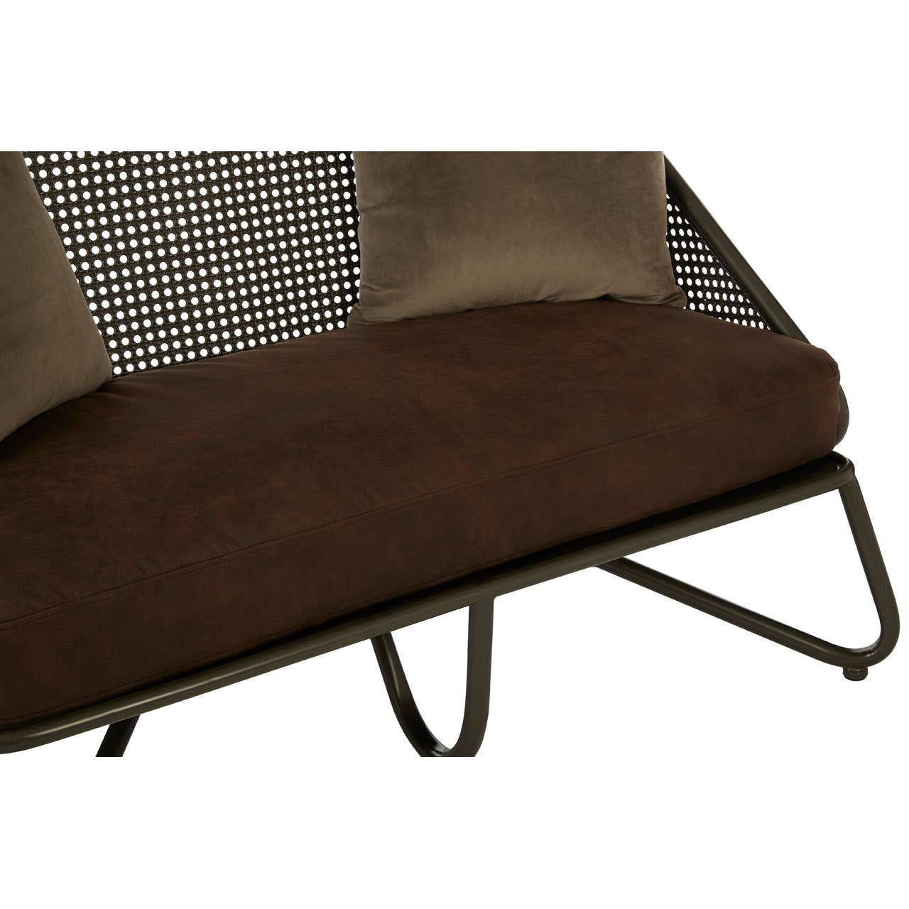 A two-seat sofa featuring a sleek design with curved legs, upholstered in a rich brown fabric. The sofa has a smooth, cushioned seat and two matching back cushions, providing a modern and comfortable look. The frame is minimalistic, emphasizing the contemporary style