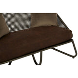 A two-seat sofa featuring a sleek design with curved legs, upholstered in a rich brown fabric. The sofa has a smooth, cushioned seat and two matching back cushions, providing a modern and comfortable look. The frame is minimalistic, emphasizing the contemporary style