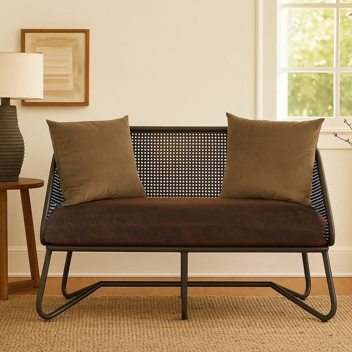 A two-seat sofa featuring a curved leg design, with a dark brown seat and a woven backrest. The sofa is adorned with two square, brown cushions. It is positioned in a well-lit room with a lamp and framed artwork in the background
