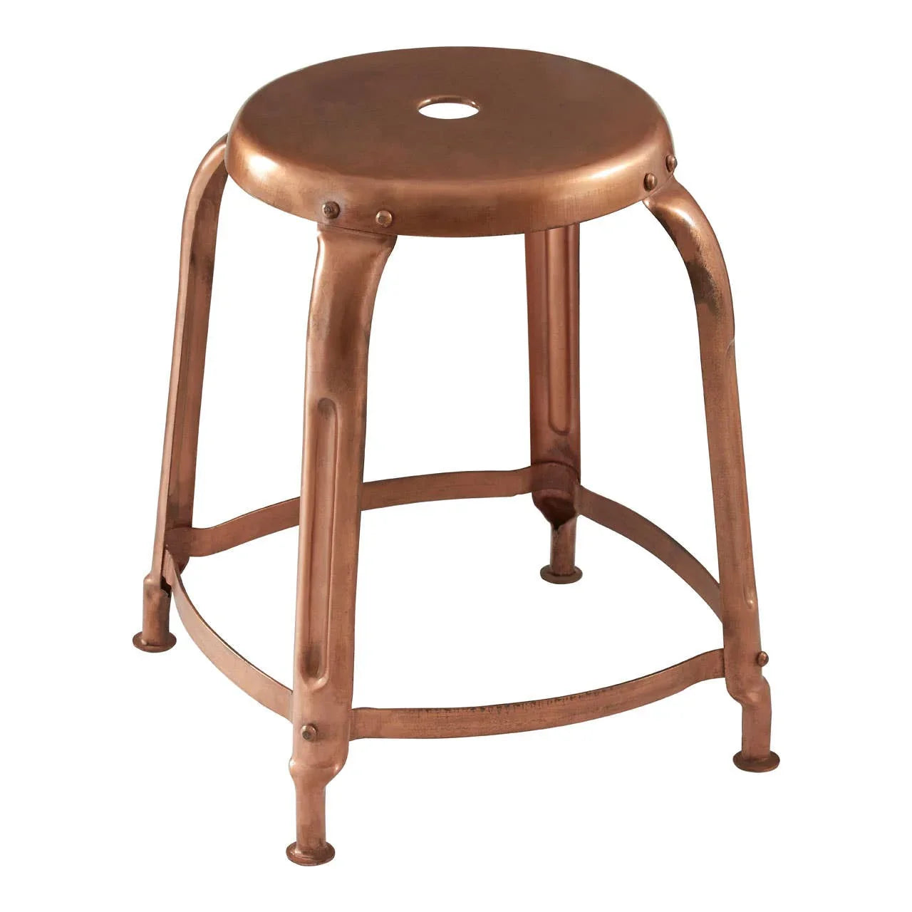 Copper metal stool with round seat and four legs, industrial style furniture
