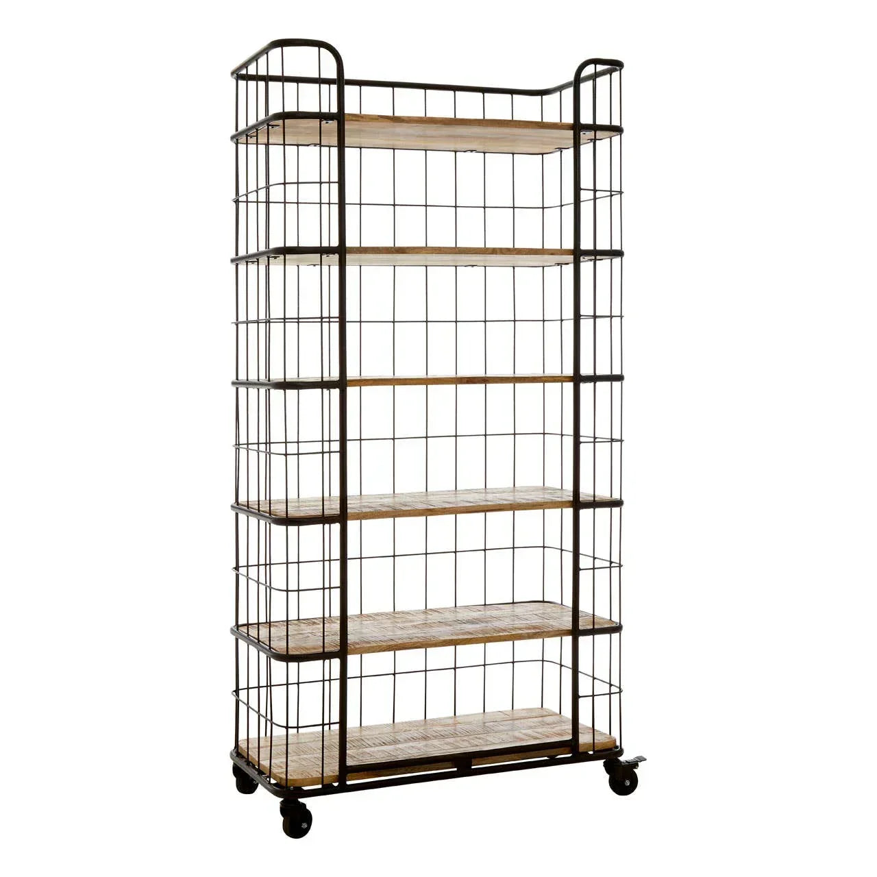 Industrial shelving unit with metal wire frame and wooden shelves on wheels