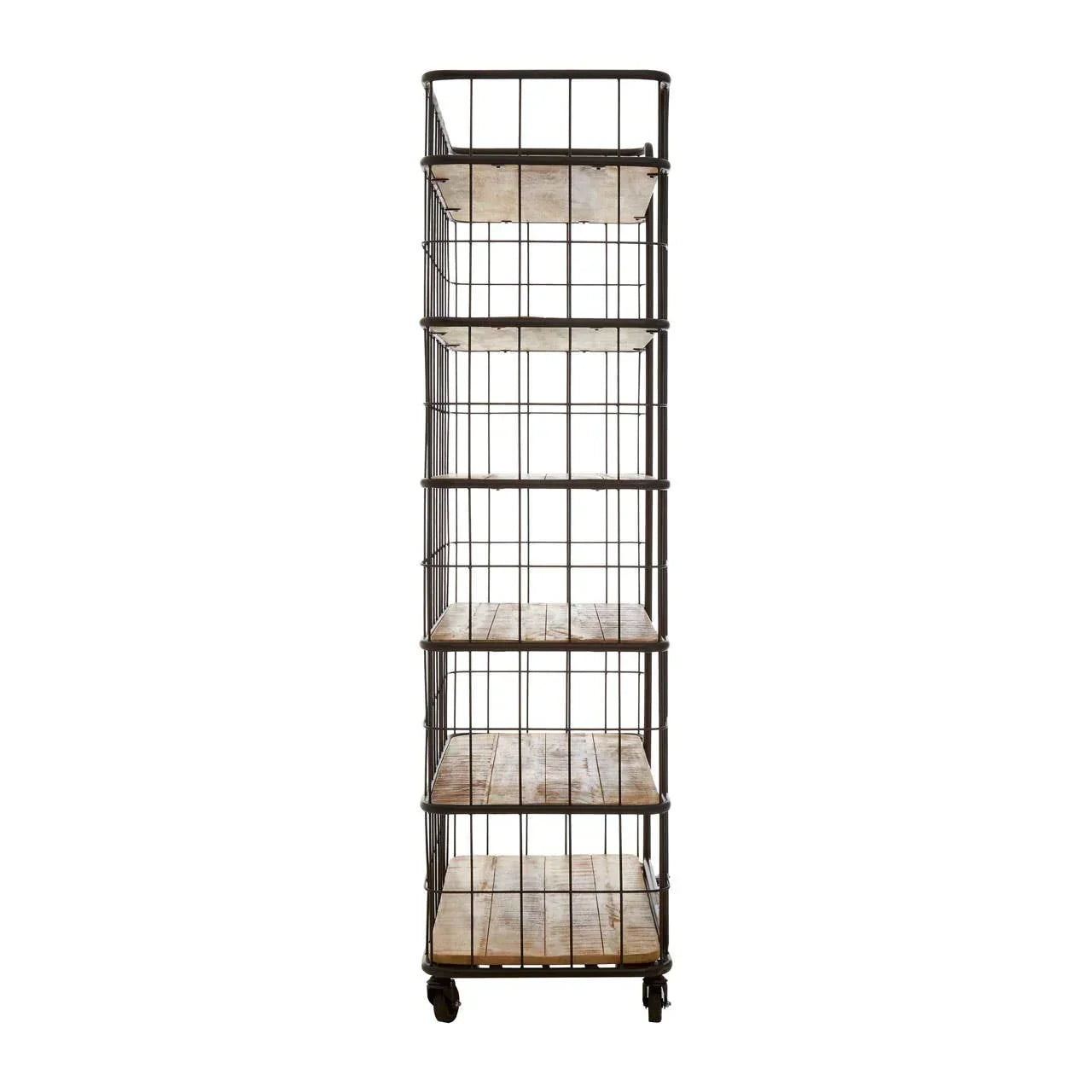 Tall industrial shelving unit with five wooden shelves and black metal frame on wheels