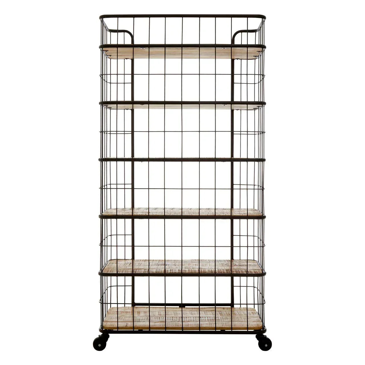 Industrial storage shelving unit with wire frame, wood shelves and caster wheels