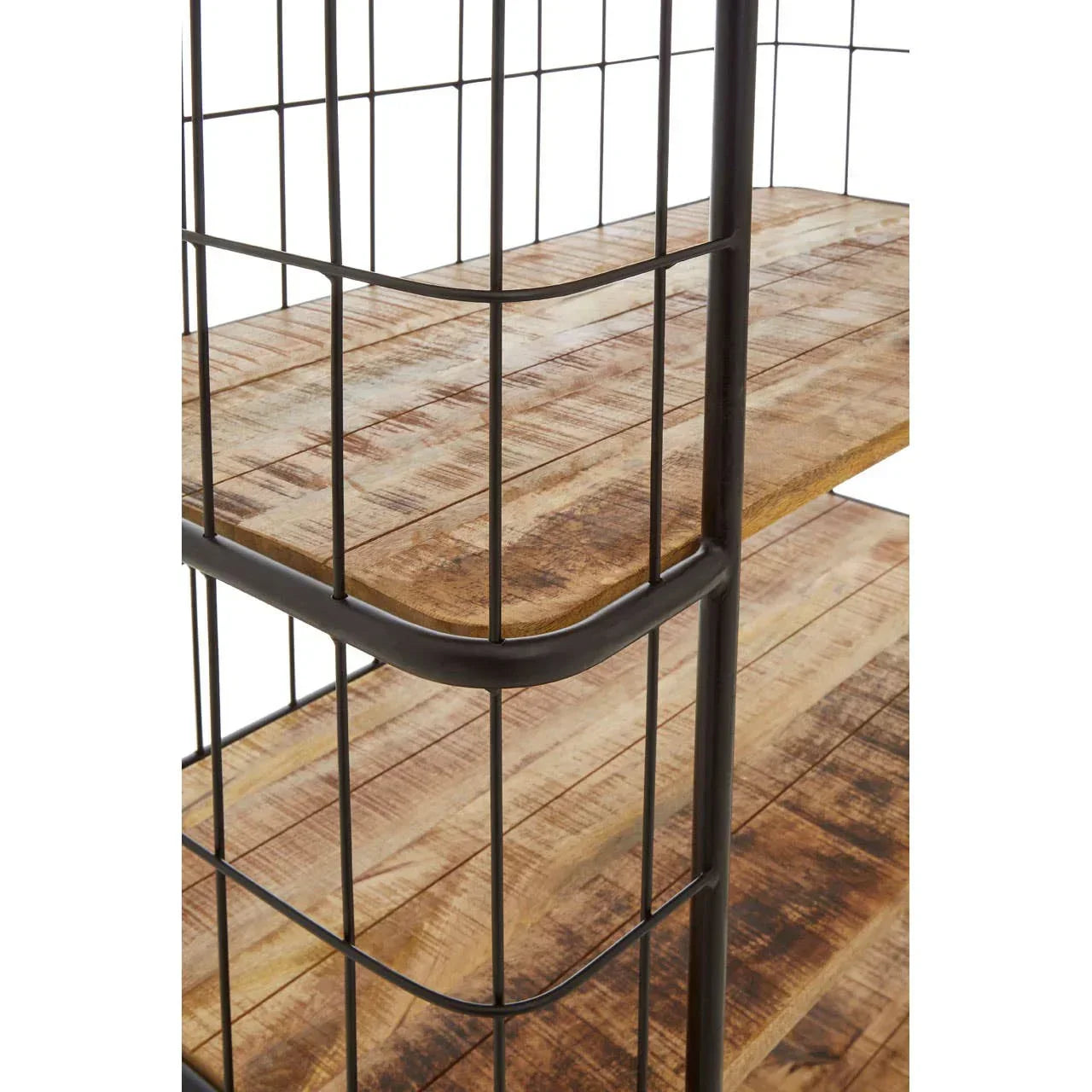 Closeup of wooden shelving unit with black metal frame and rustic finish