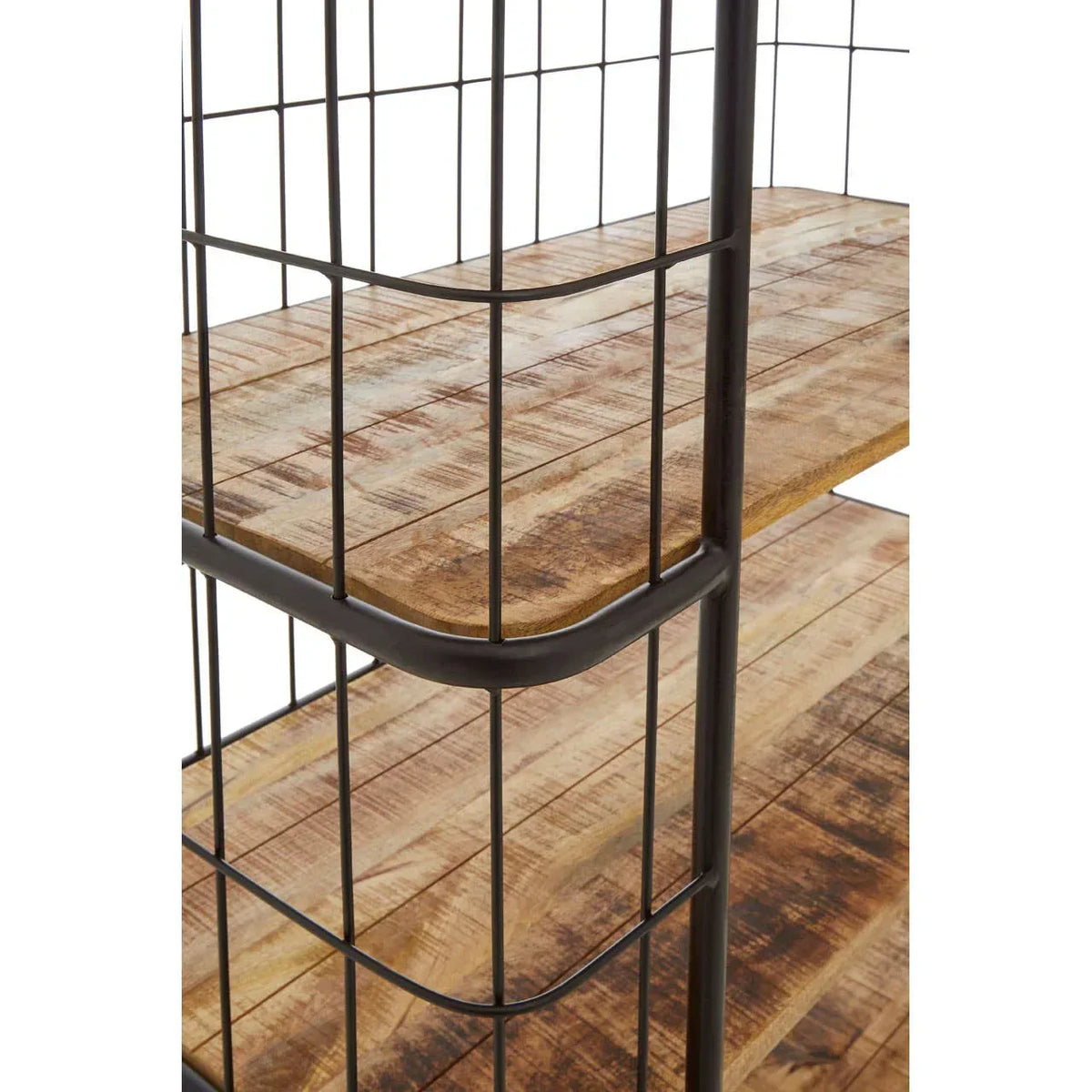 Closeup of wooden shelving unit with black metal frame and rustic finish