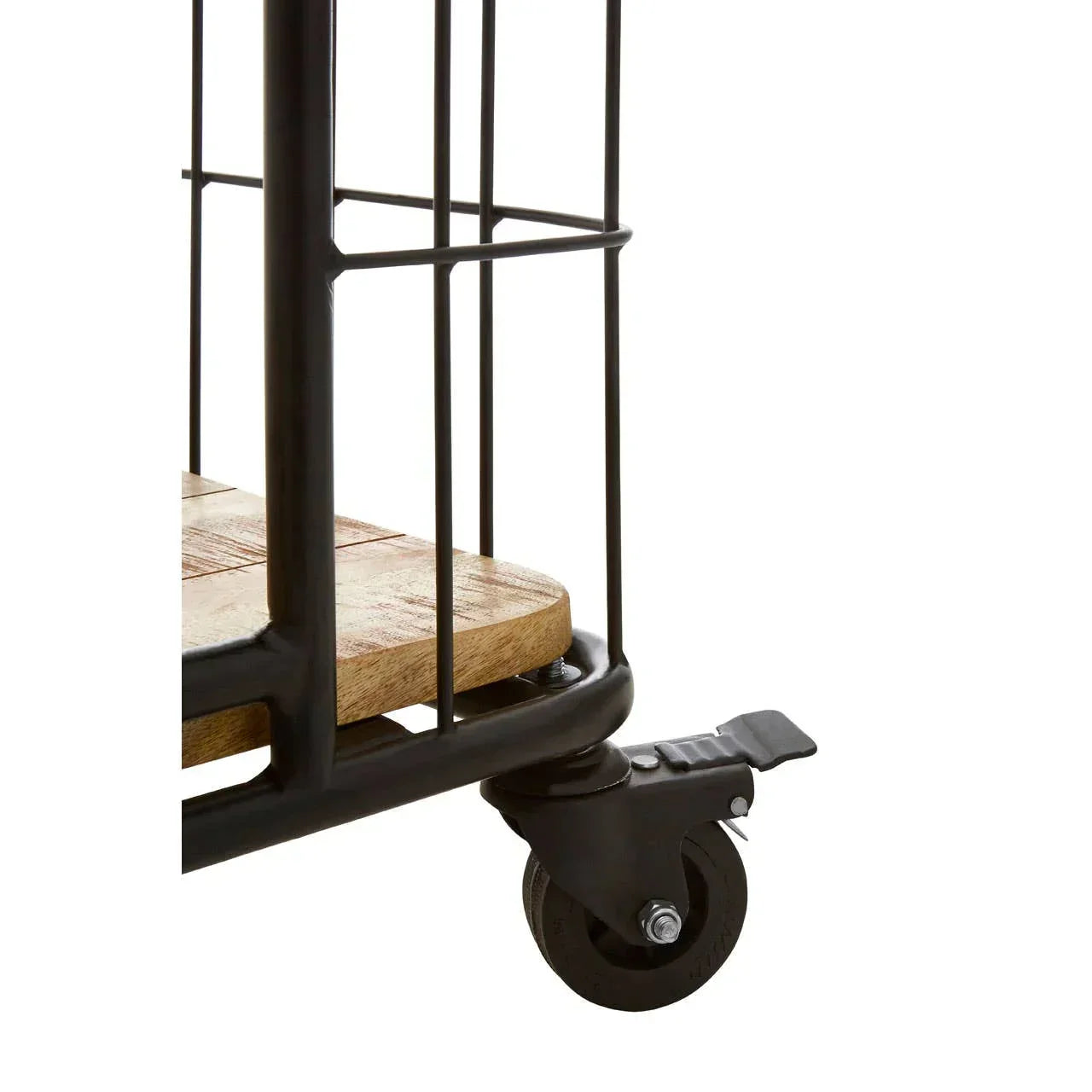 Close-up of metal furniture frame with wooden shelf and lockable caster wheel