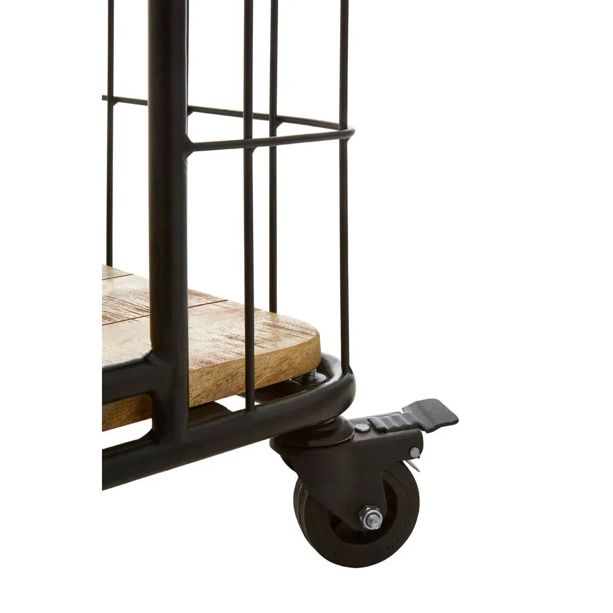 Close-up of metal furniture frame with wooden shelf and lockable caster wheel