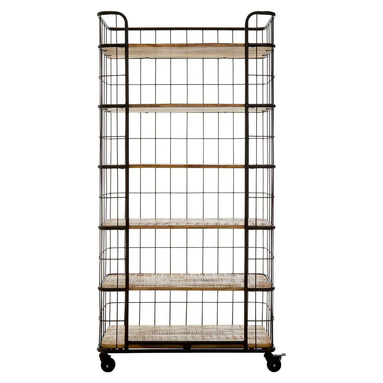 Industrial metal shelving unit with six wooden shelves and wire sides on black caster wheels