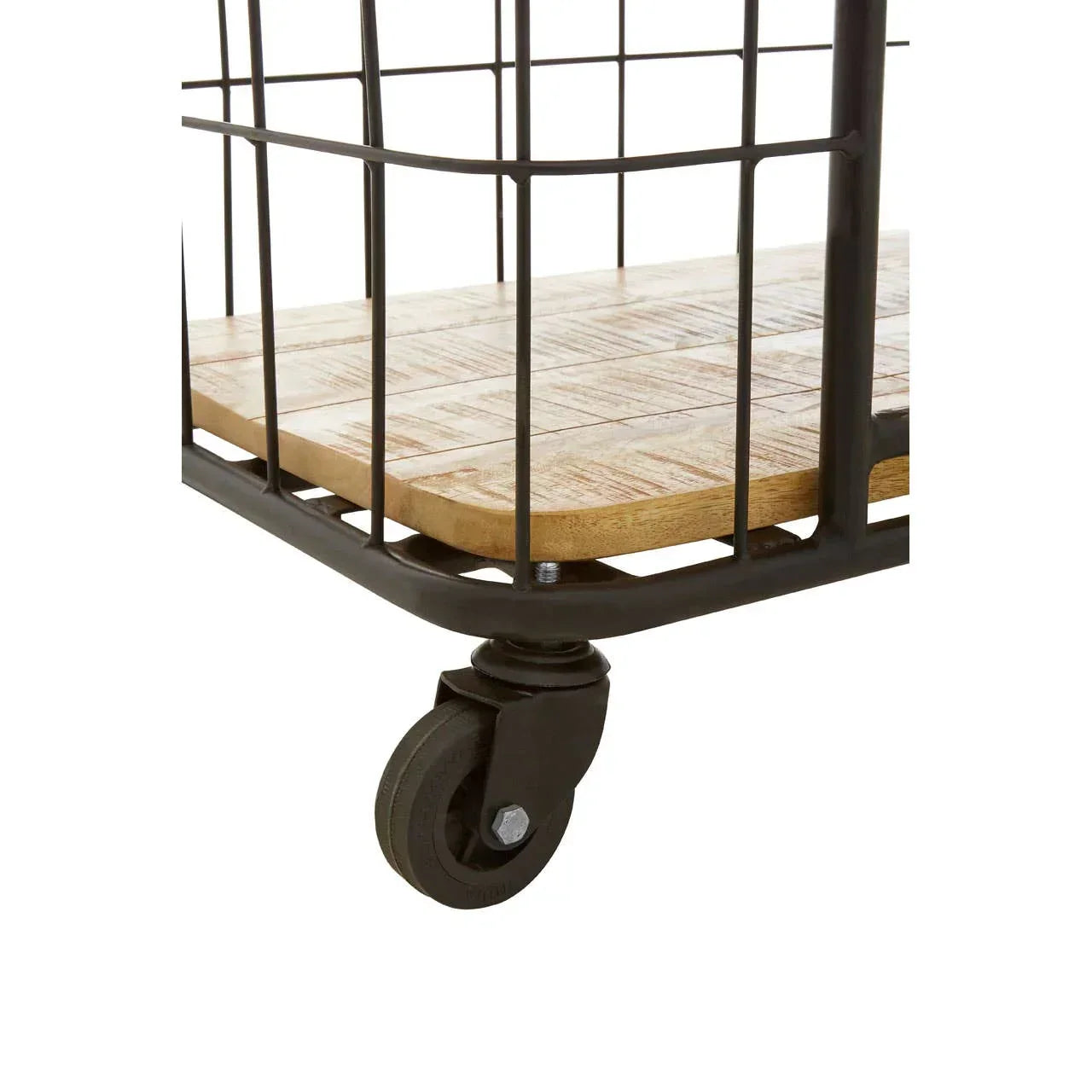 Close-up of industrial storage basket with black metal frame, wooden base, and caster wheel